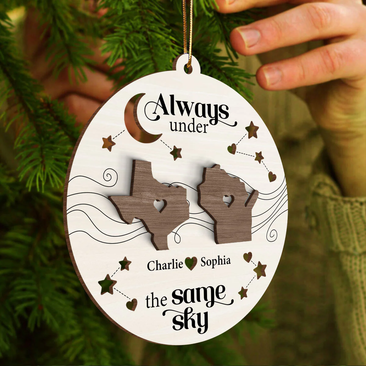 Always Under The Same Sky, Christmas Gifts for Boyfriend Girlfriend Personalized 2-Layered Wooden Ornament, Long Distance Relationship Gift - Image 4
