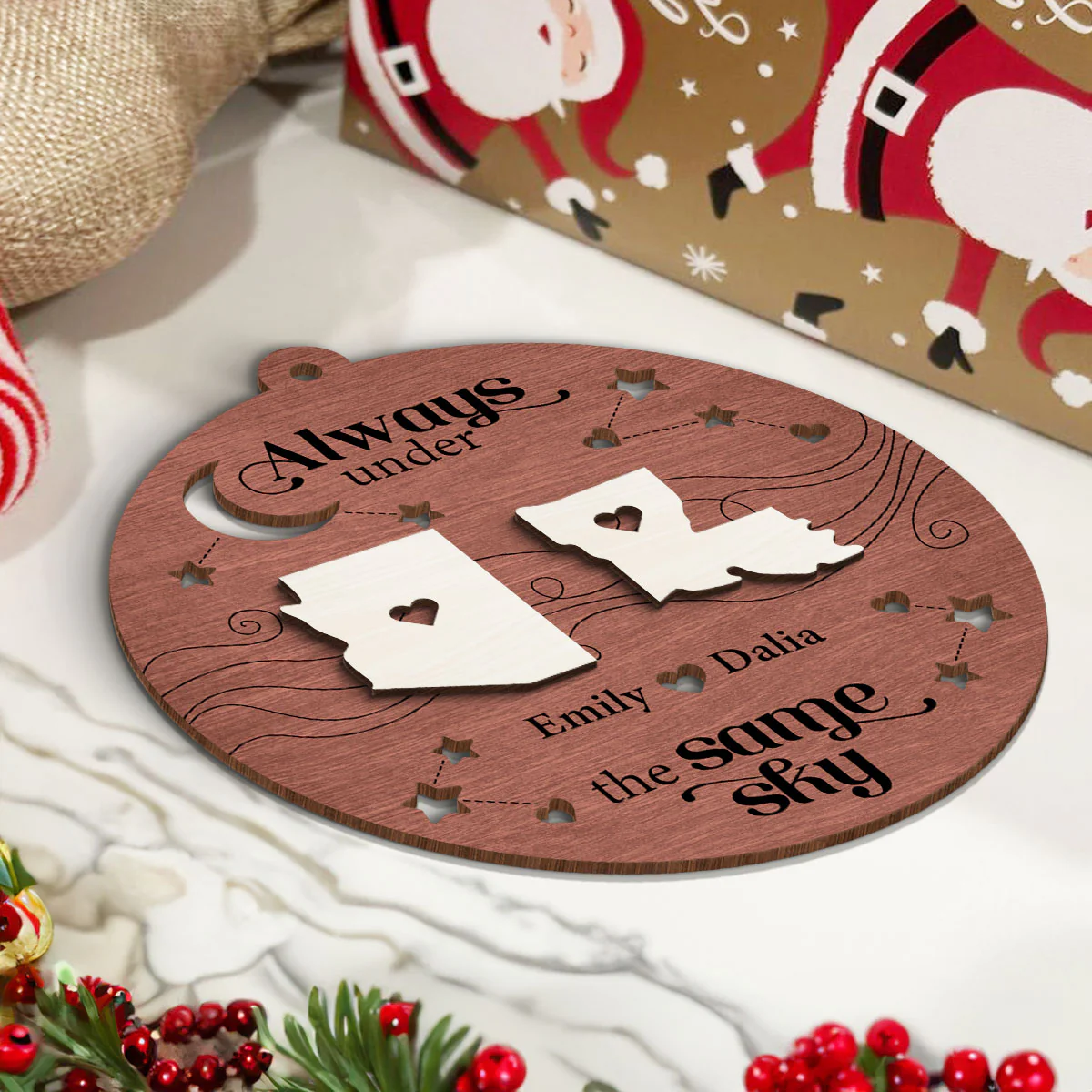 Always Under The Same Sky, Christmas Gifts for Boyfriend Girlfriend Personalized 2-Layered Wooden Ornament, Long Distance Relationship Gift - Image 5