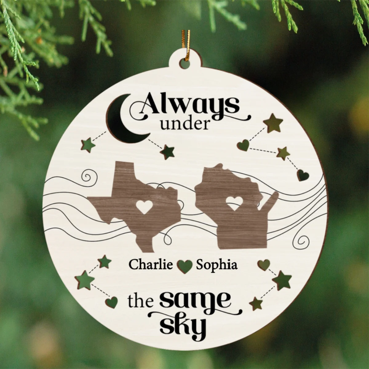 Always Under The Same Sky, Christmas Gifts for Boyfriend Girlfriend Personalized 2-Layered Wooden Ornament, Long Distance Relationship Gift - Image 8