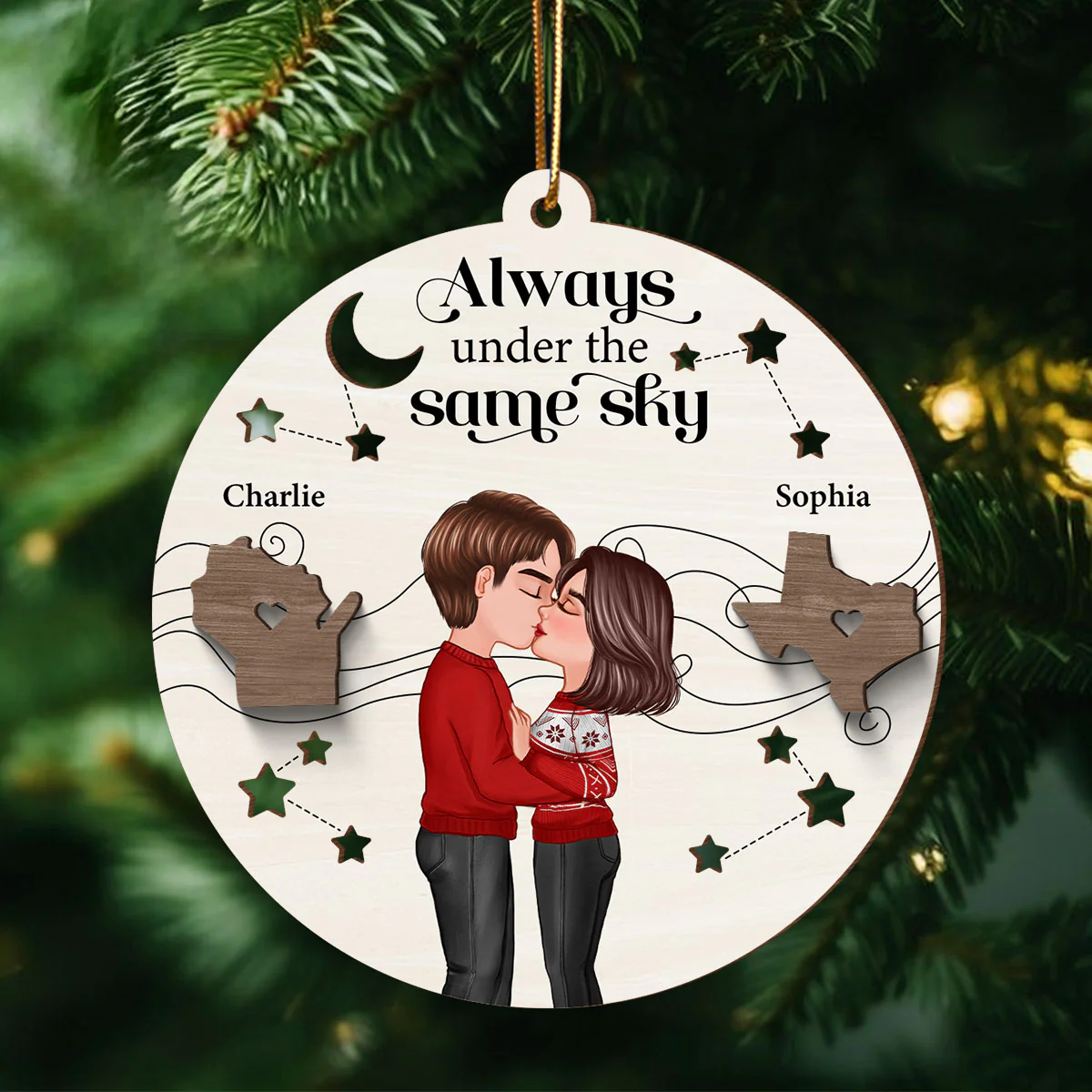 Always Under The Same Sky Personalized 2-Layer Wooden Ornament, Christmas Gifts for Boyfriend Long Distance Relationship Gift