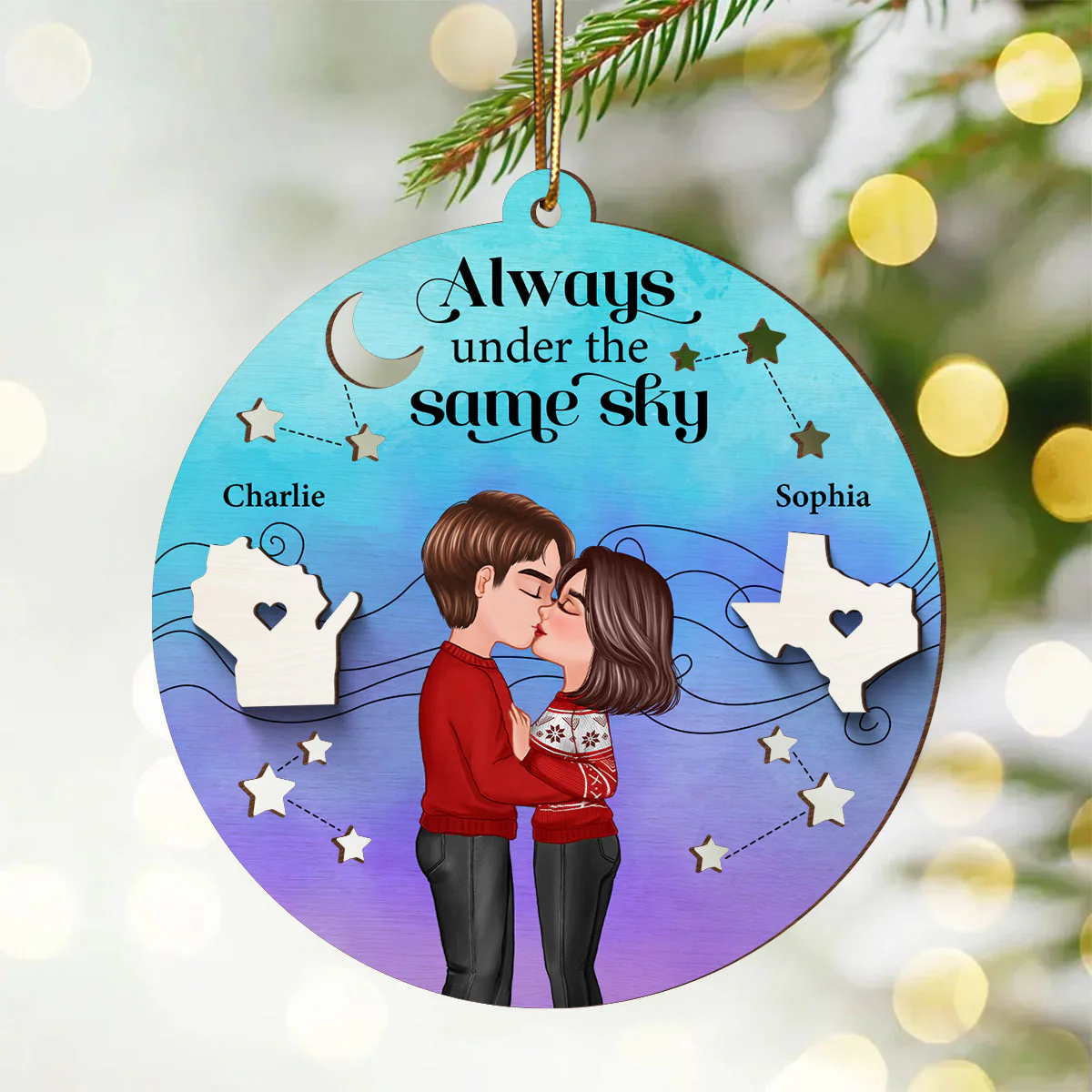 Always Under The Same Sky Personalized 2-Layer Wooden Ornament, Christmas Gifts for Boyfriend Long Distance Relationship Gift - Image 2