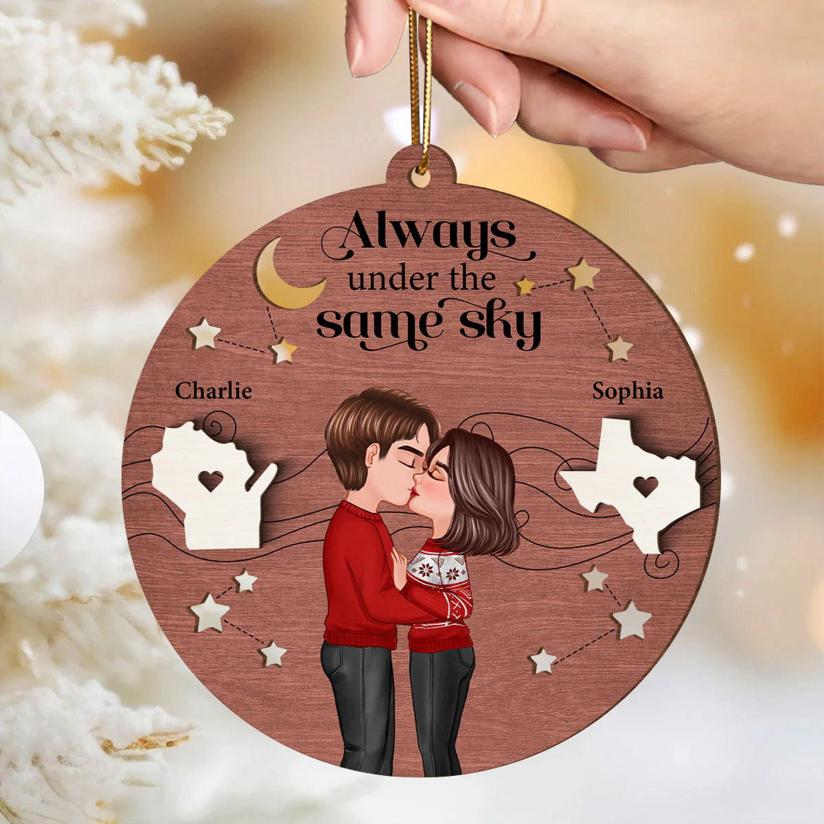 Always Under The Same Sky Personalized 2-Layer Wooden Ornament, Christmas Gifts for Boyfriend Long Distance Relationship Gift - Image 3