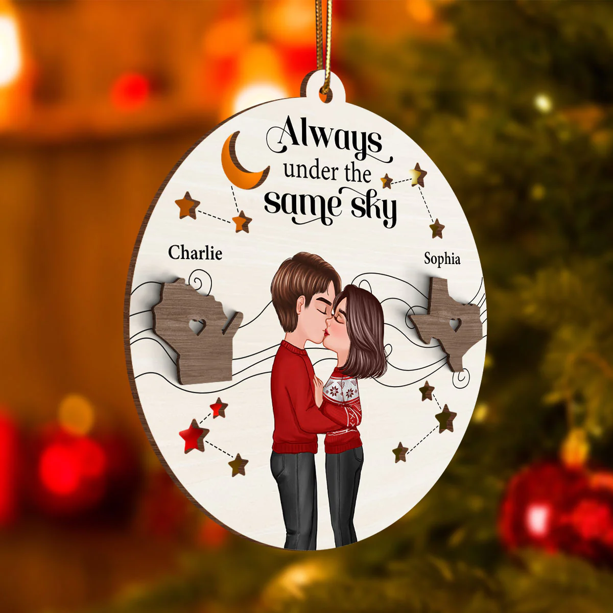 Always Under The Same Sky Personalized 2-Layer Wooden Ornament, Christmas Gifts for Boyfriend Long Distance Relationship Gift - Image 4