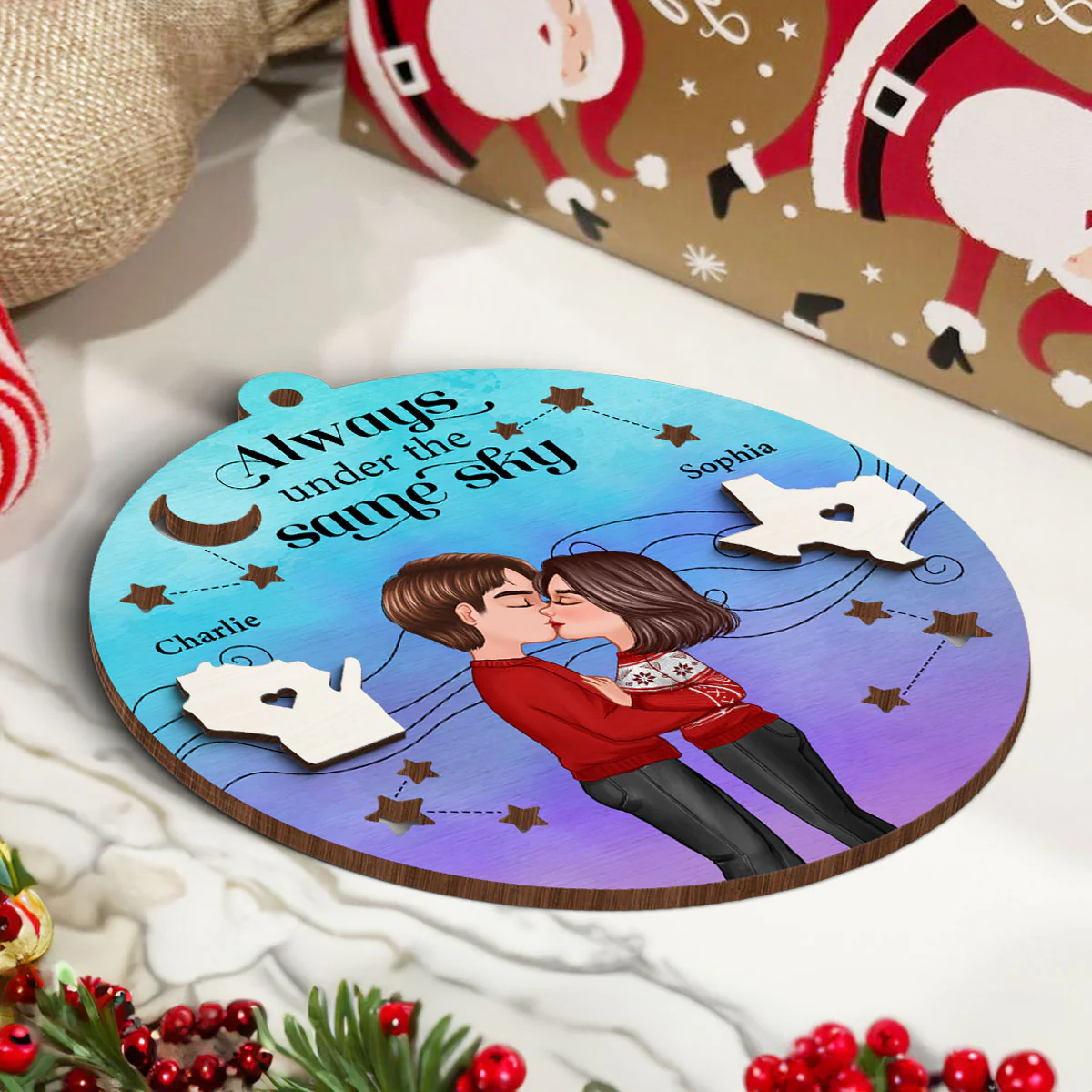 Always Under The Same Sky Personalized 2-Layer Wooden Ornament, Christmas Gifts for Boyfriend Long Distance Relationship Gift - Image 5