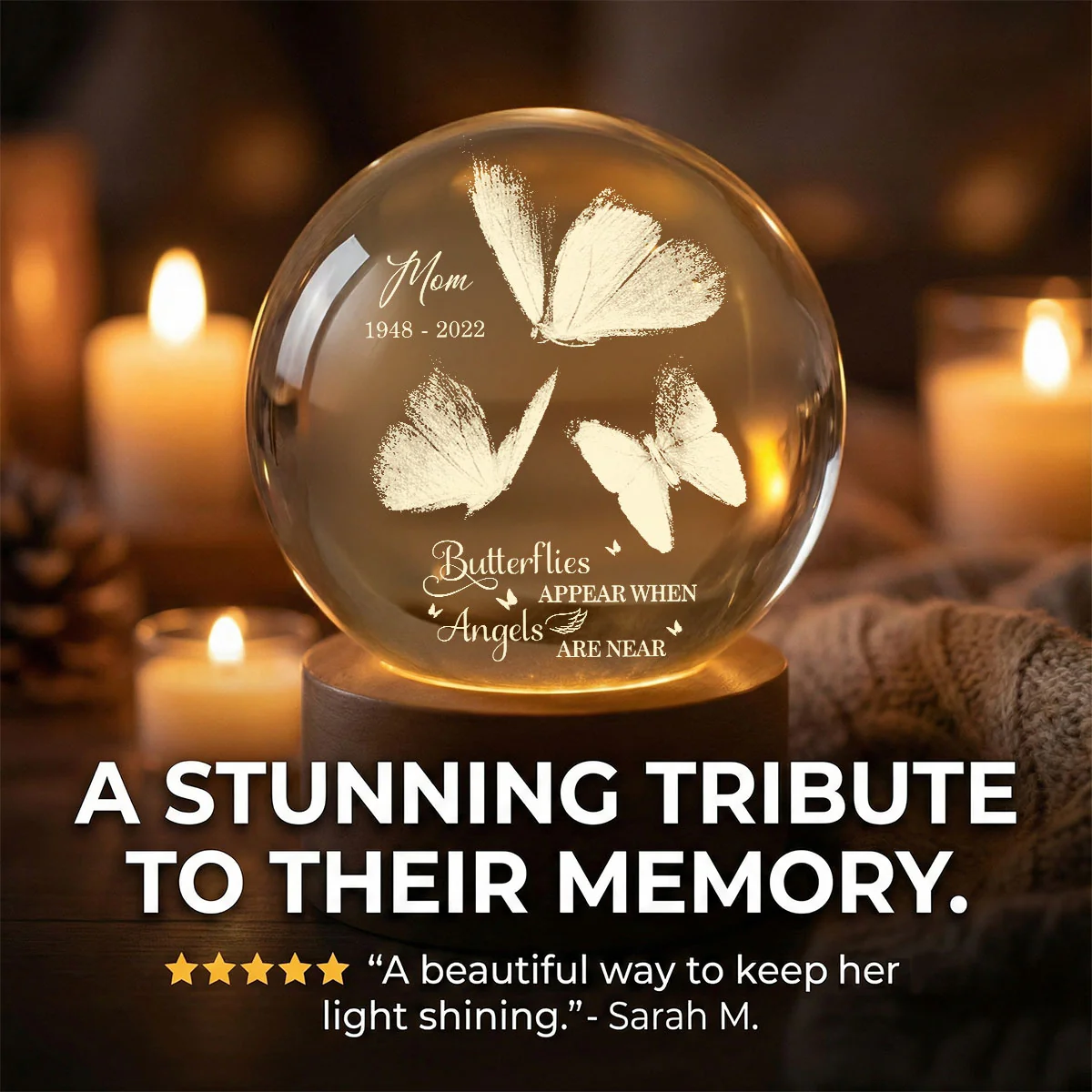 Always With You Butterflies - Personalized Crystal Ball LED Night Light - Memorial Remembrance Keepsake - Image 3