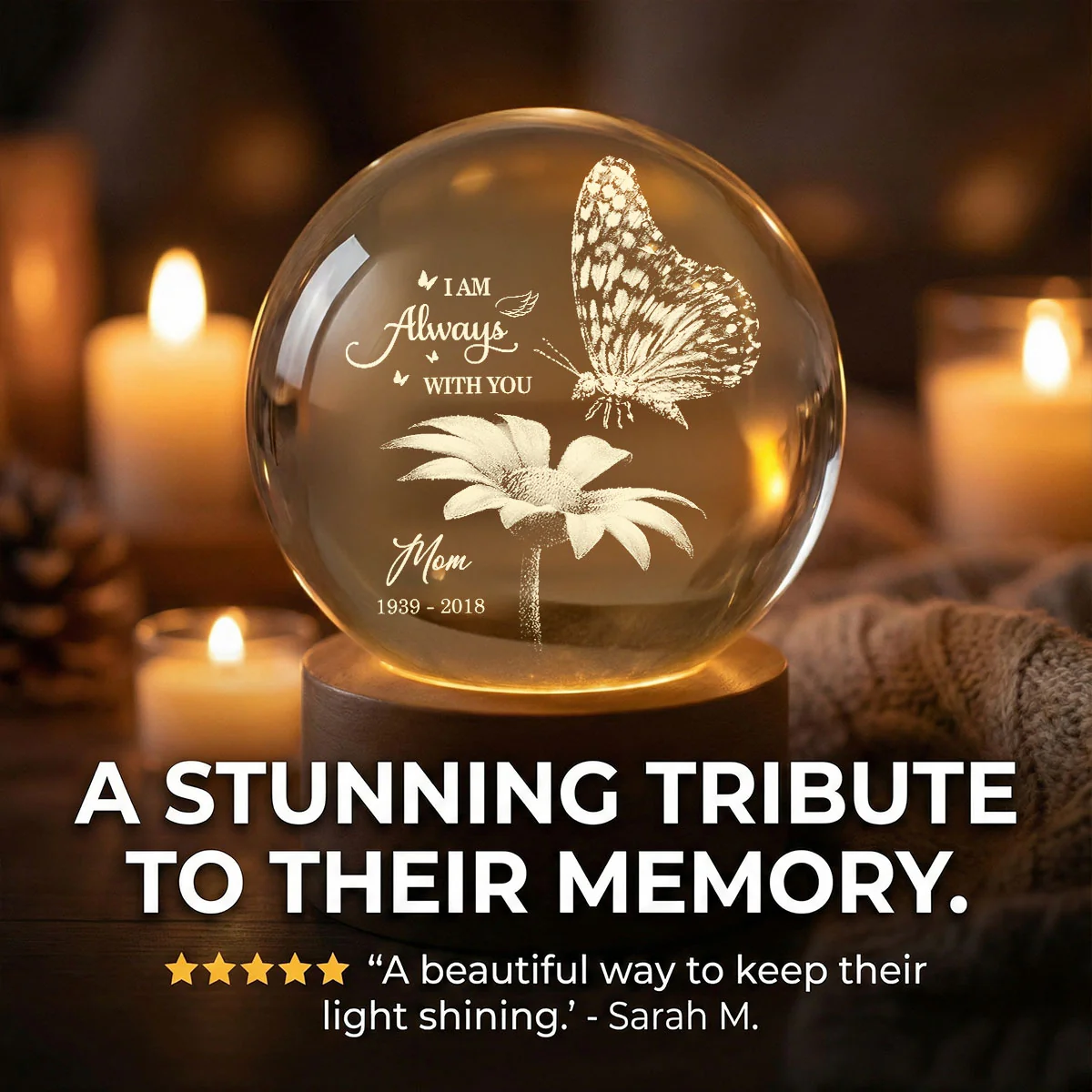 Always With You Butterfly On Daisy - Personalized Crystal Ball LED Night Light - Memorial Remembrance Keepsake - Image 6