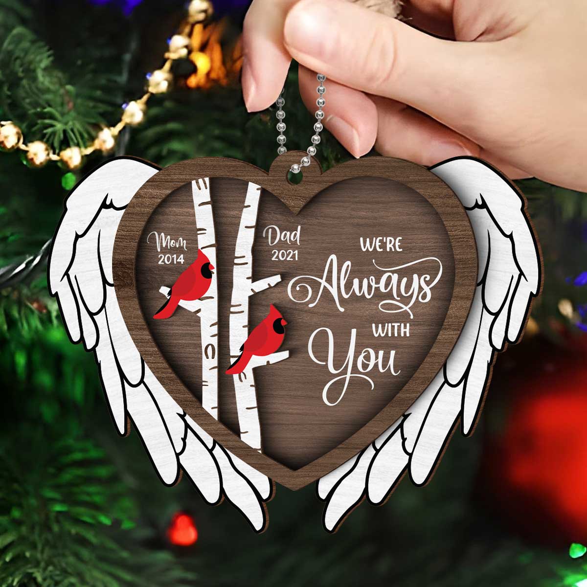 Always With You Cardinal Angel Wings Memorial Keepsake Personalized 2-Layer Wooden Ornament - Image 4