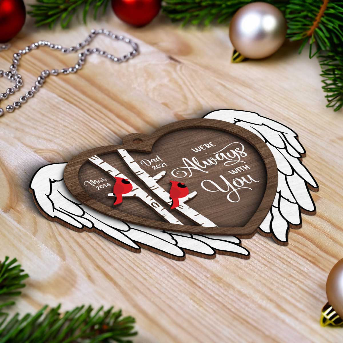 Always With You Cardinal Angel Wings Memorial Keepsake Personalized 2-Layer Wooden Ornament - Image 5