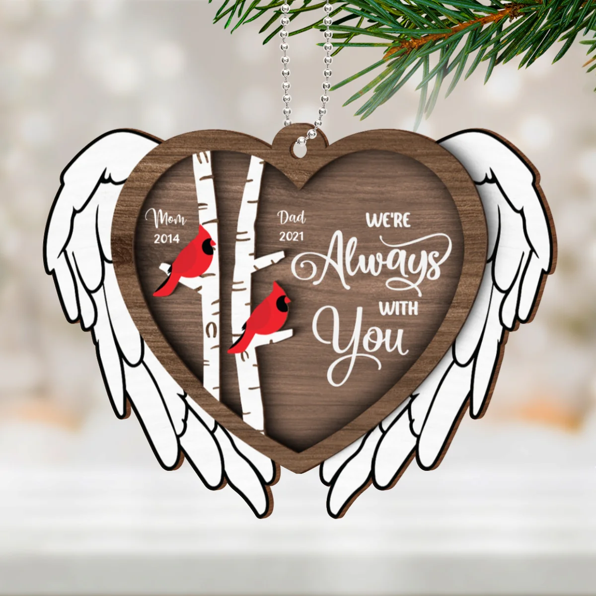 Always With You Cardinal Angel Wings Memorial Keepsake Personalized 2-Layer Wooden Ornament - Image 8