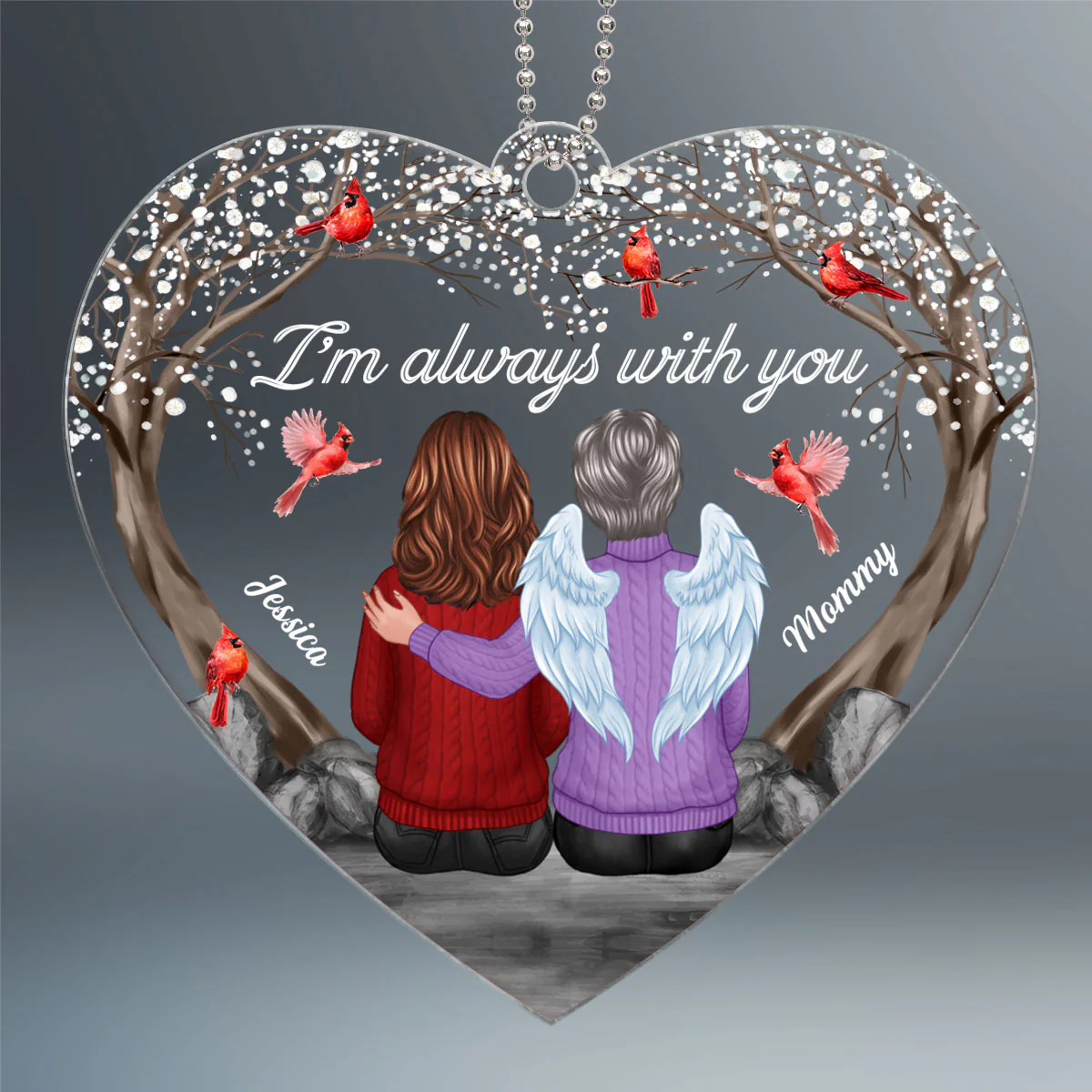 Always With You Cardinal Blossom Tree Family Memorial Keepsake Sympathy Remembrance Gift Heart Shaped Personalized Acrylic Ornament - Image 2