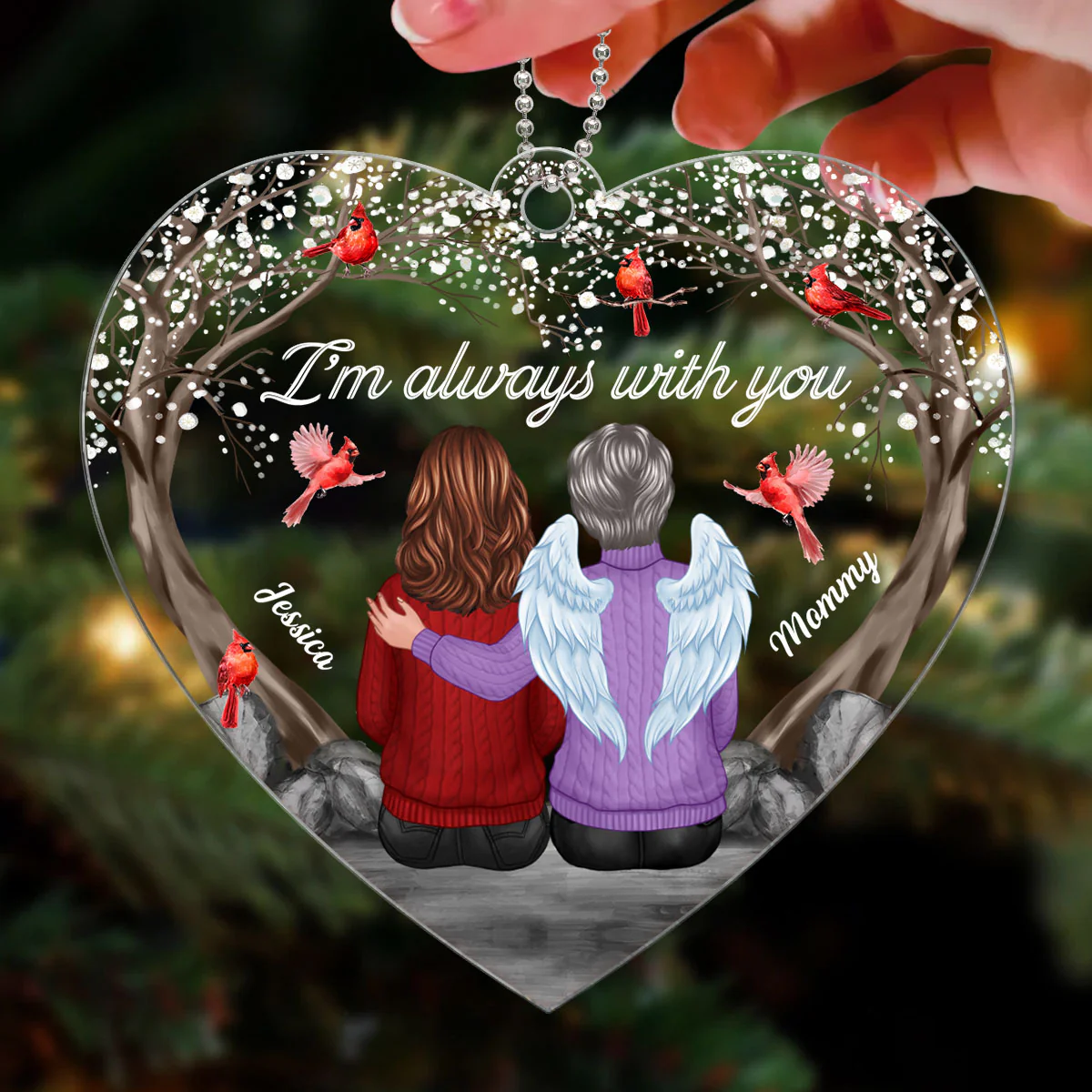 Always With You Cardinal Blossom Tree Family Memorial Keepsake Sympathy Remembrance Gift Heart Shaped Personalized Acrylic Ornament - Image 3