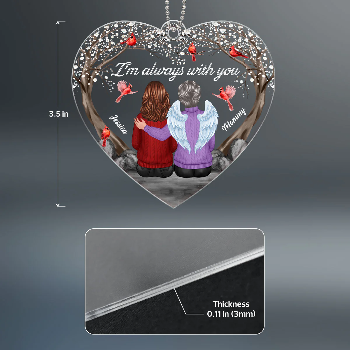 Always With You Cardinal Blossom Tree Family Memorial Keepsake Sympathy Remembrance Gift Heart Shaped Personalized Acrylic Ornament - Image 4