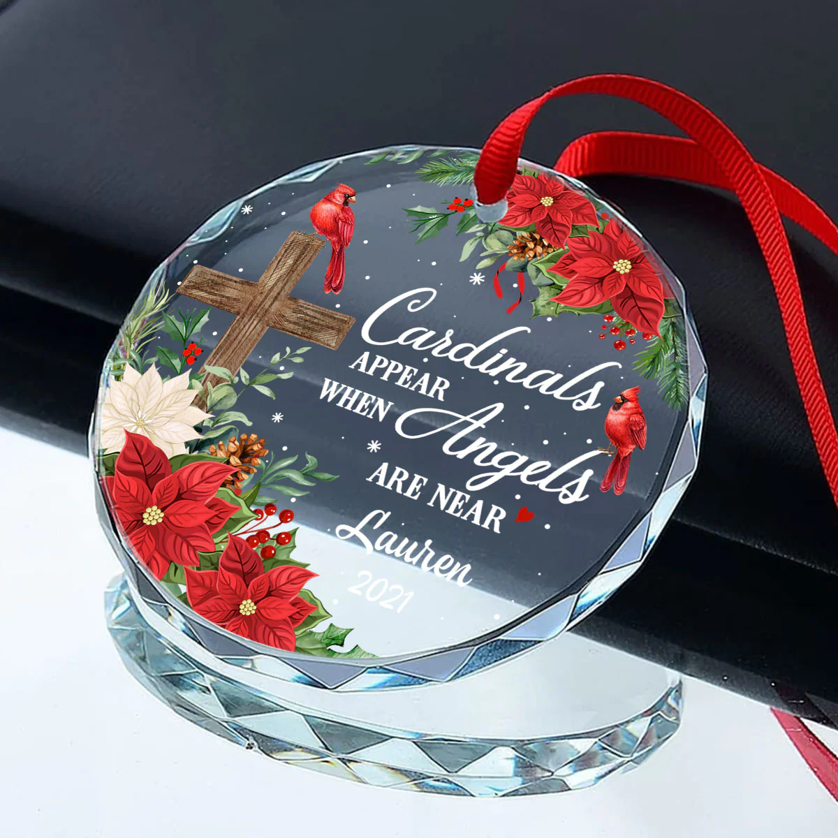 Always With You Cardinal Cross Poinsettia Personalized Glass Ornament, Christmas Gift - Image 4