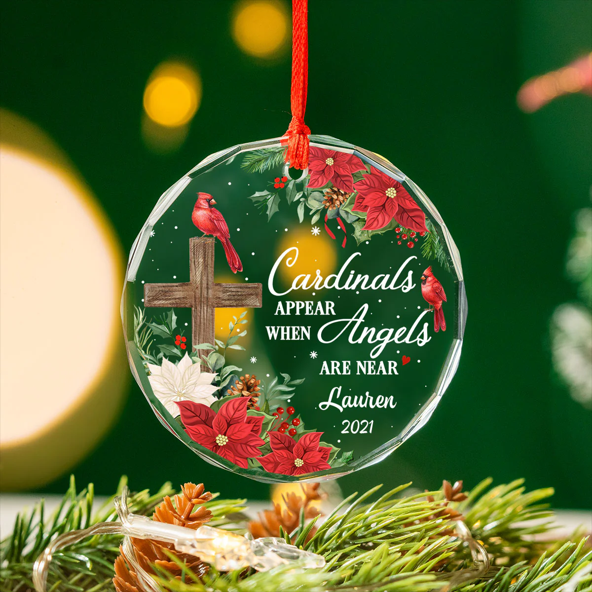 Always With You Cardinal Cross Poinsettia Personalized Glass Ornament, Christmas Gift - Image 5
