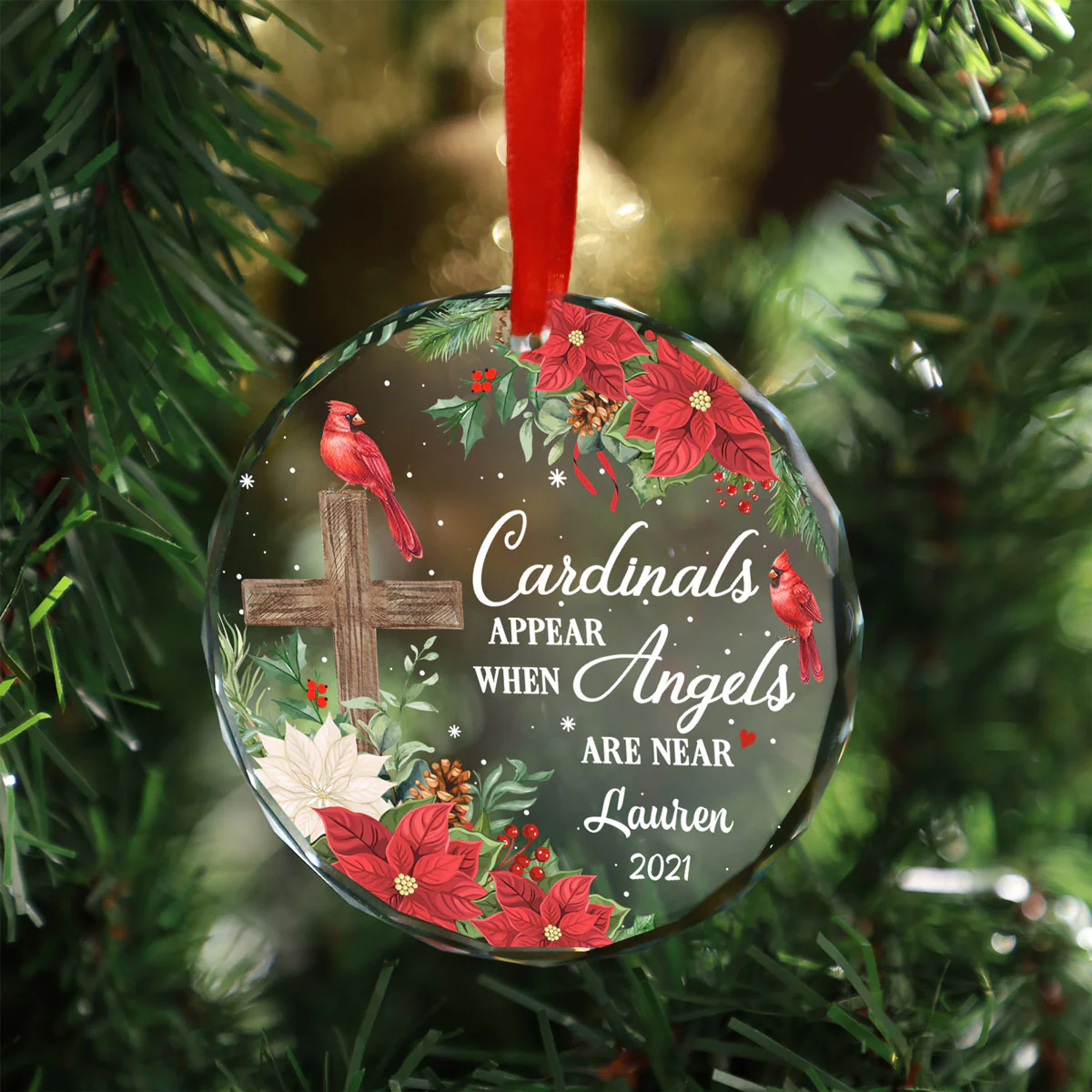 Always With You Cardinal Cross Poinsettia Personalized Glass Ornament, Christmas Gift - Image 6