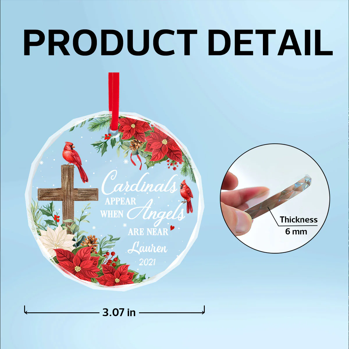 Always With You Cardinal Cross Poinsettia Personalized Glass Ornament, Christmas Gift - Image 7