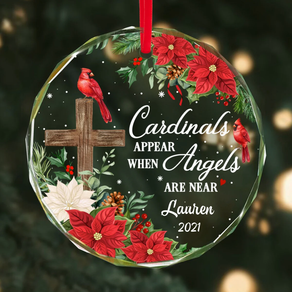 Always With You Cardinal Cross Poinsettia Personalized Glass Ornament, Christmas Gift - Image 8