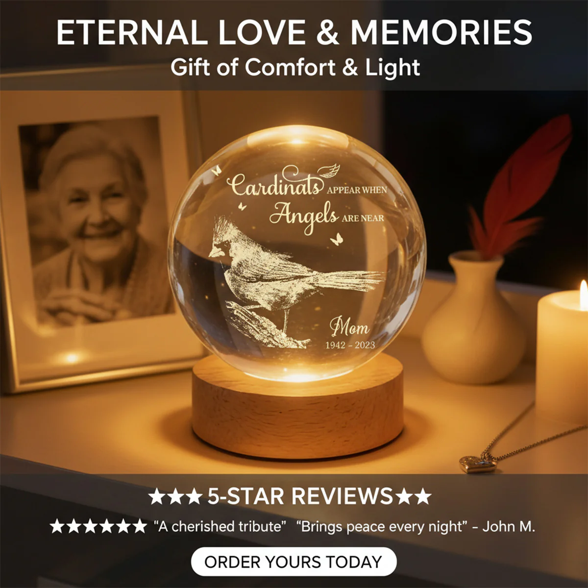 Always With You Cardinal - Personalized Crystal Ball LED Night Light - Memorial Remembrance Keepsake - Image 6