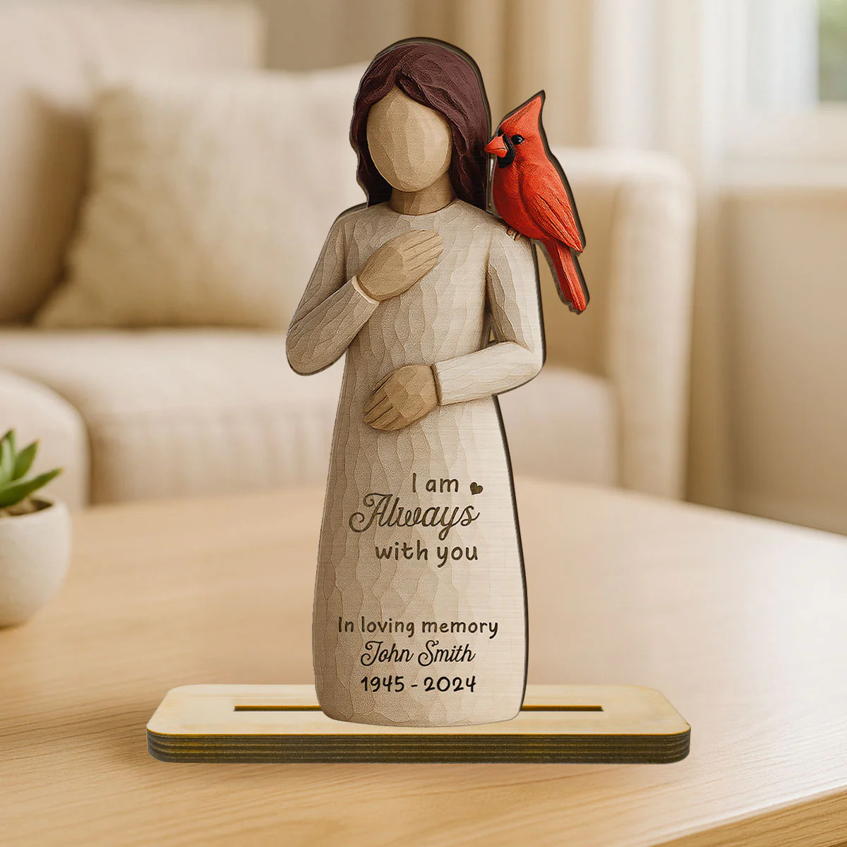 Always With You Cardinal & Woman 3D Effect Personalized Standing Wooden Plaque, Memorial Sympathy Gift - Image 2