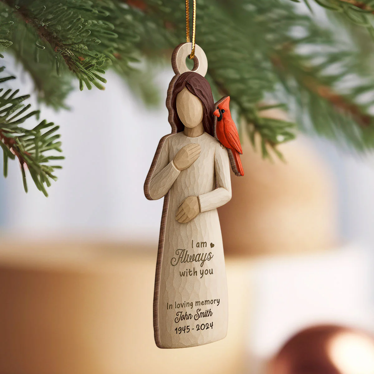 Always With You Cardinal & Woman 3D Effect Personalized Wooden Ornament, Memorial Sympathy Gift - Image 2