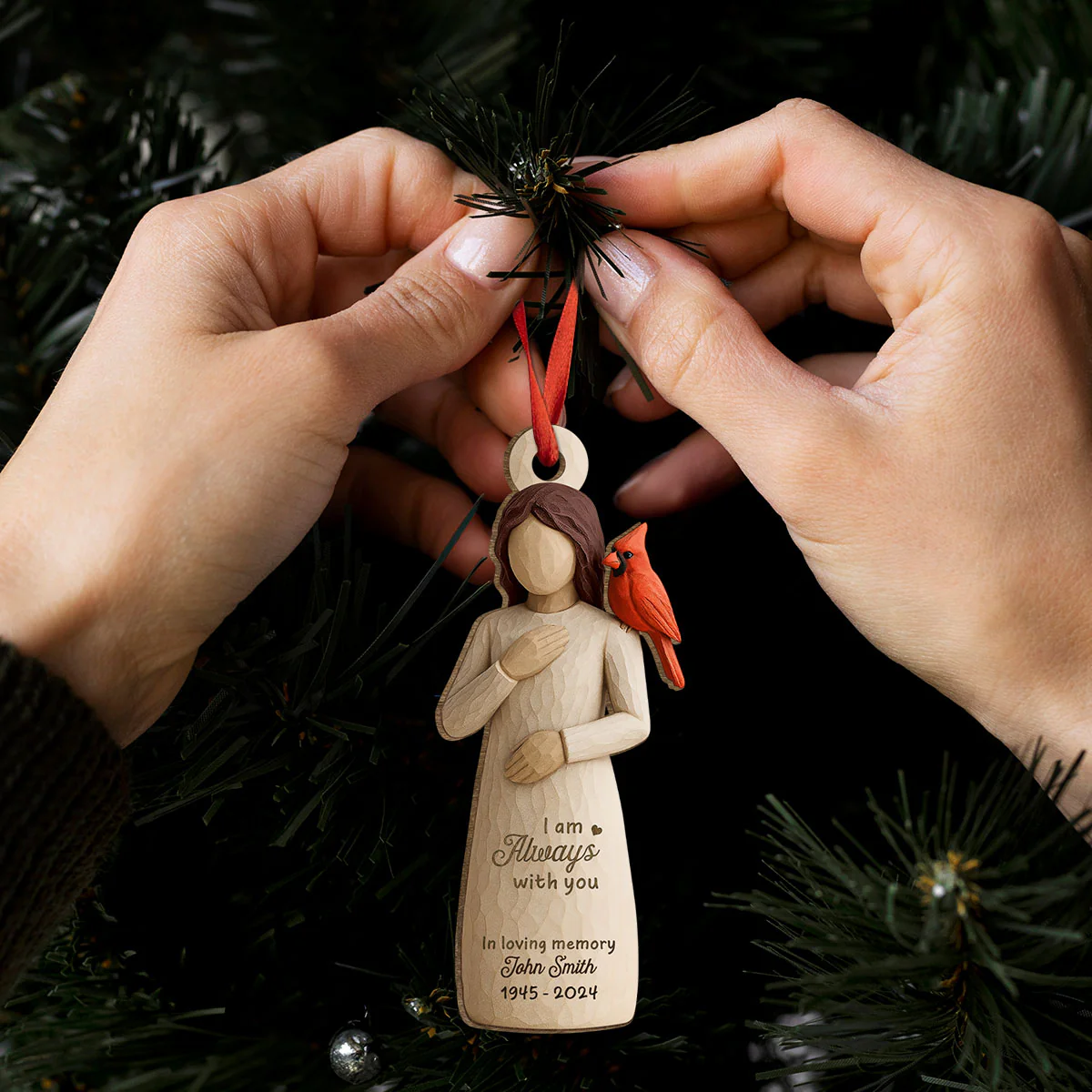 Always With You Cardinal & Woman 3D Effect Personalized Wooden Ornament, Memorial Sympathy Gift - Image 4