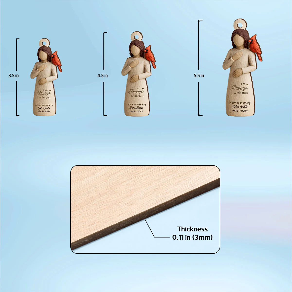 Always With You Cardinal & Woman 3D Effect Personalized Wooden Ornament, Memorial Sympathy Gift - Image 6