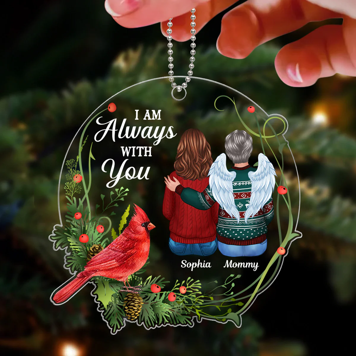 Always With You Cardinal Wreath Remembrance Memorial Keepsake Christmas Personalized Acrylic Ornament - Image 3