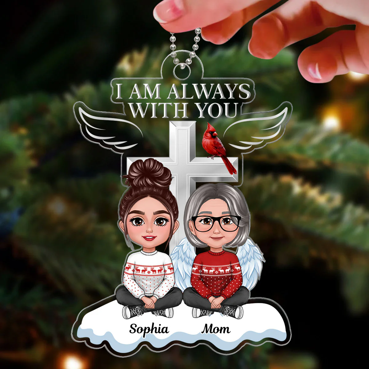 Always With You Cross Sitting Front View Family Memorial Keepsake Personalized Acrylic Ornament - Image 3
