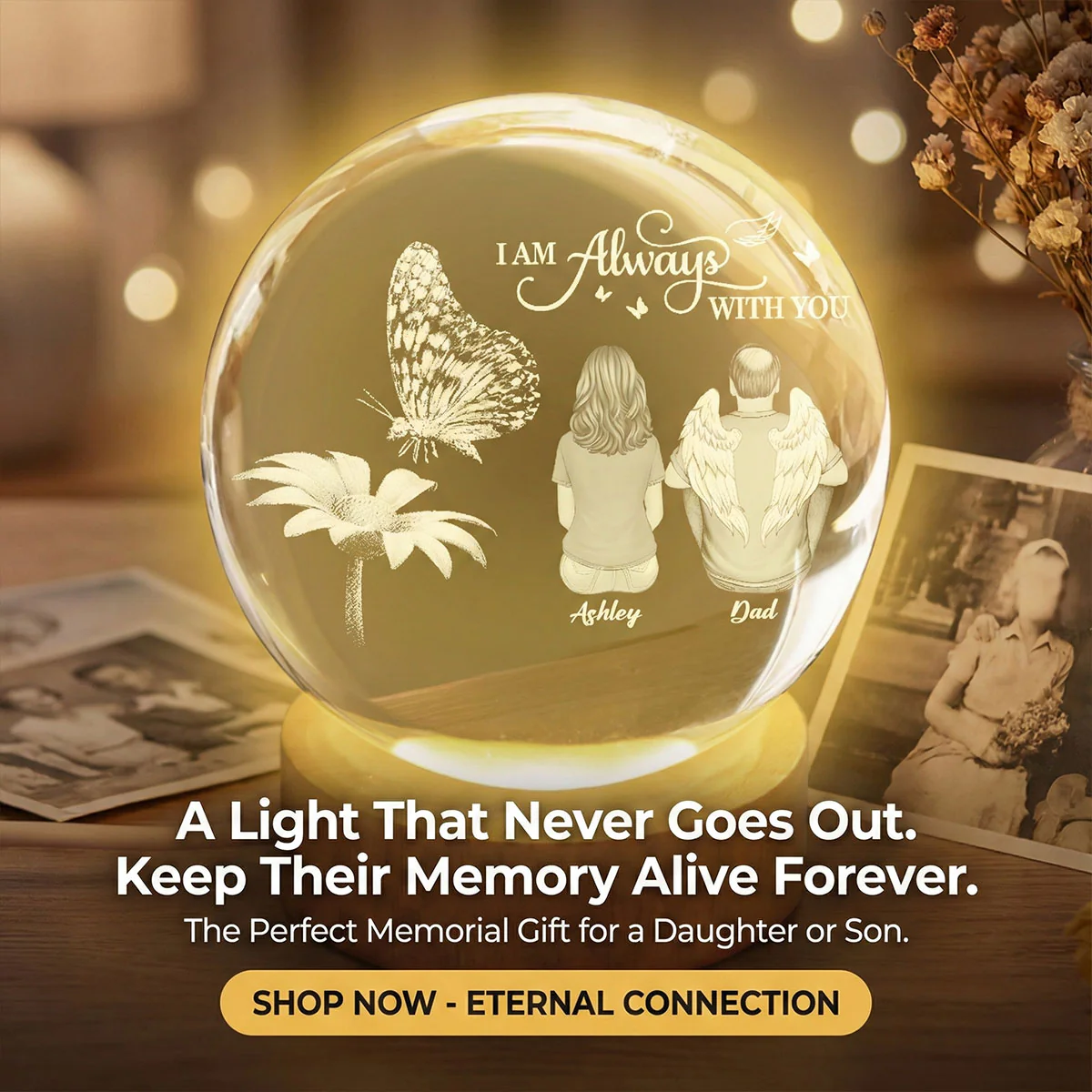 Always With You Family Back View Butterfly On Daisy - Personalized Crystal Ball LED Night Light - Memorial Remembrance Keepsake - Image 10