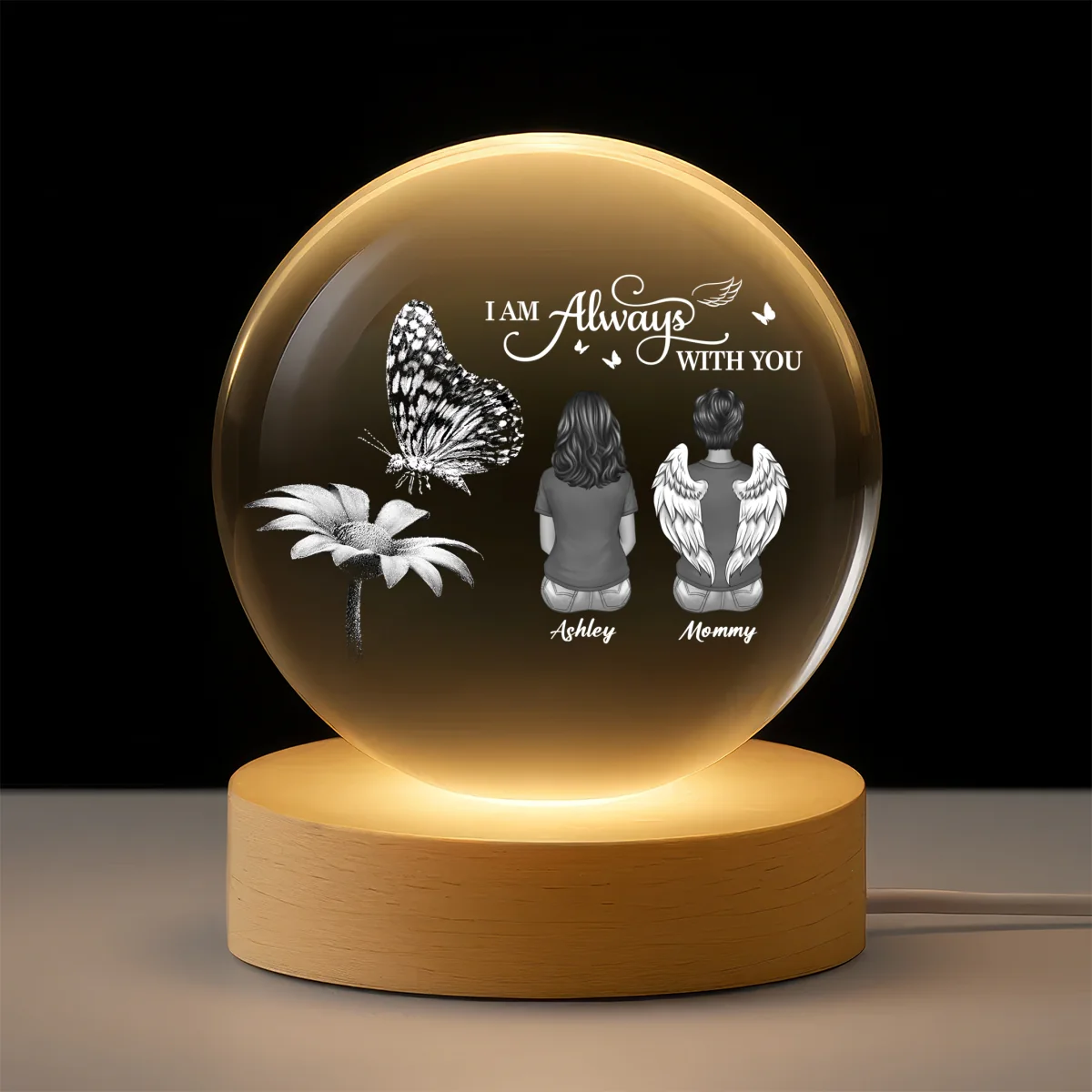 Always With You Family Back View Butterfly On Daisy - Personalized Crystal Ball LED Night Light - Memorial Remembrance Keepsake - Image 11