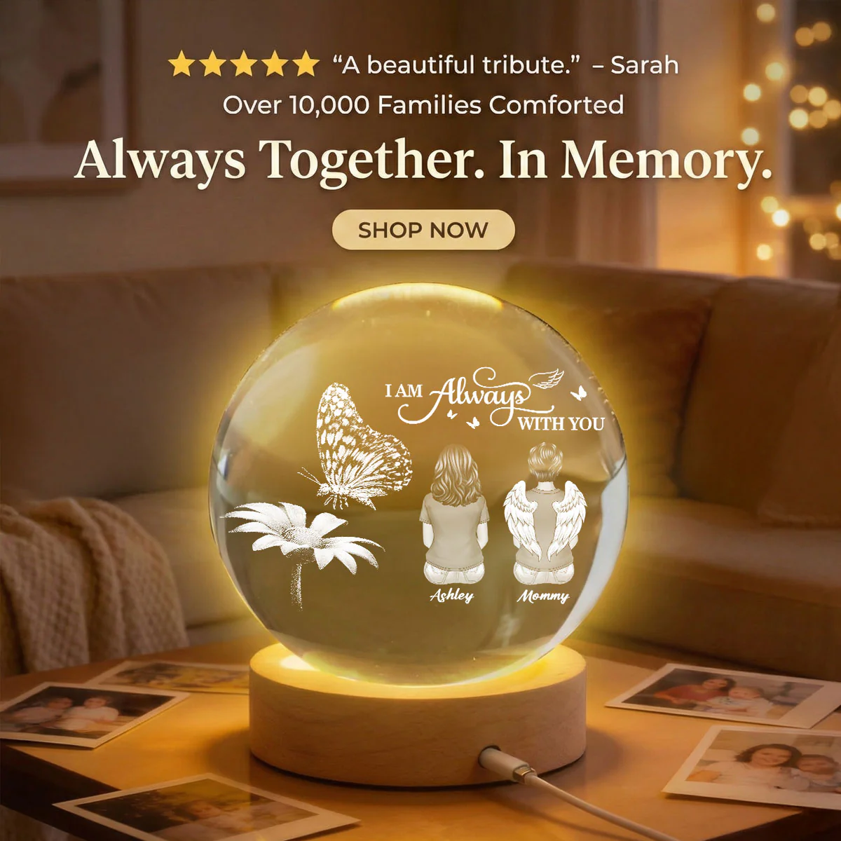 Always With You Family Back View Butterfly On Daisy - Personalized Crystal Ball LED Night Light - Memorial Remembrance Keepsake - Image 2