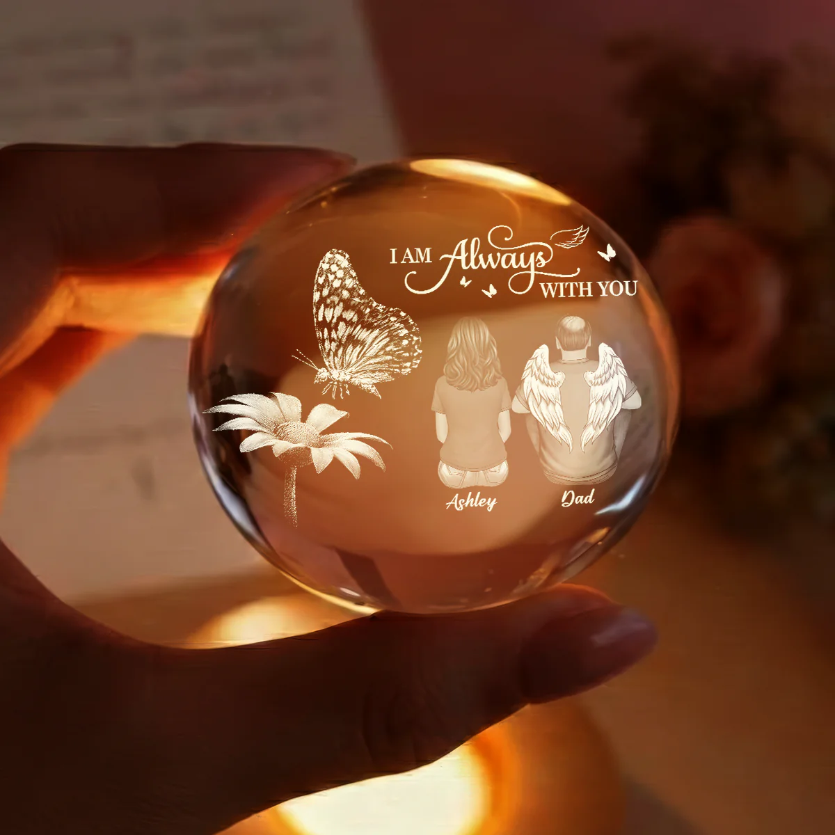 Always With You Family Back View Butterfly On Daisy - Personalized Crystal Ball LED Night Light - Memorial Remembrance Keepsake - Image 3