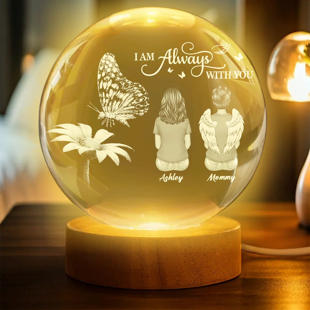Always With You Family Back View Butterfly On Daisy - Personalized Crystal Ball LED Night Light - Memorial Remembrance Keepsake - Image 4
