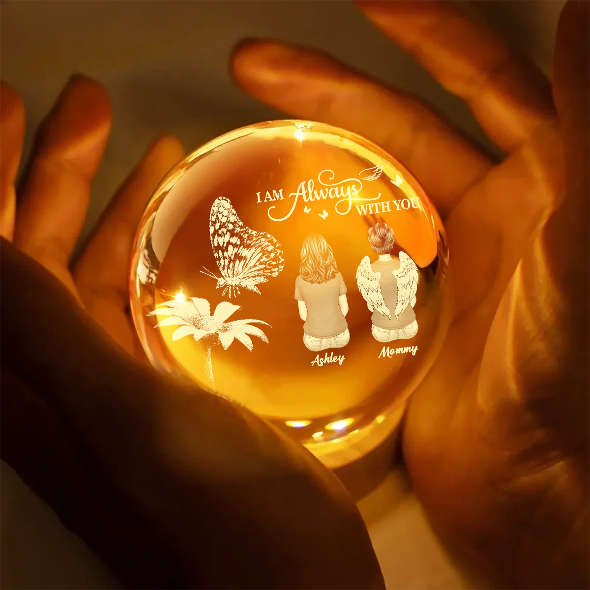 Always With You Family Back View Butterfly On Daisy - Personalized Crystal Ball LED Night Light - Memorial Remembrance Keepsake - Image 5