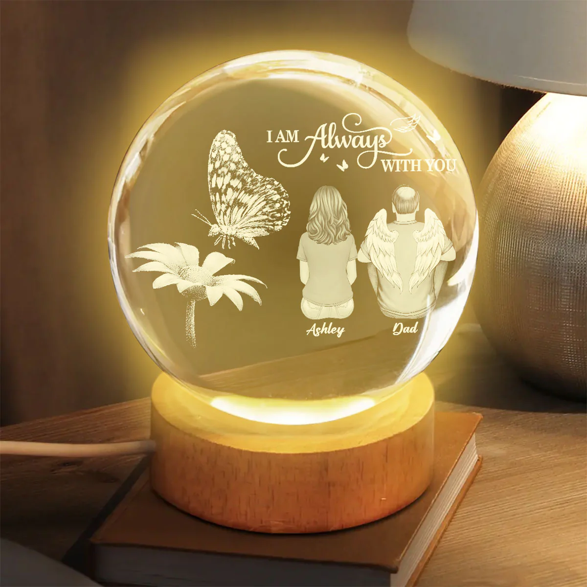 Always With You Family Back View Butterfly On Daisy - Personalized Crystal Ball LED Night Light - Memorial Remembrance Keepsake - Image 8
