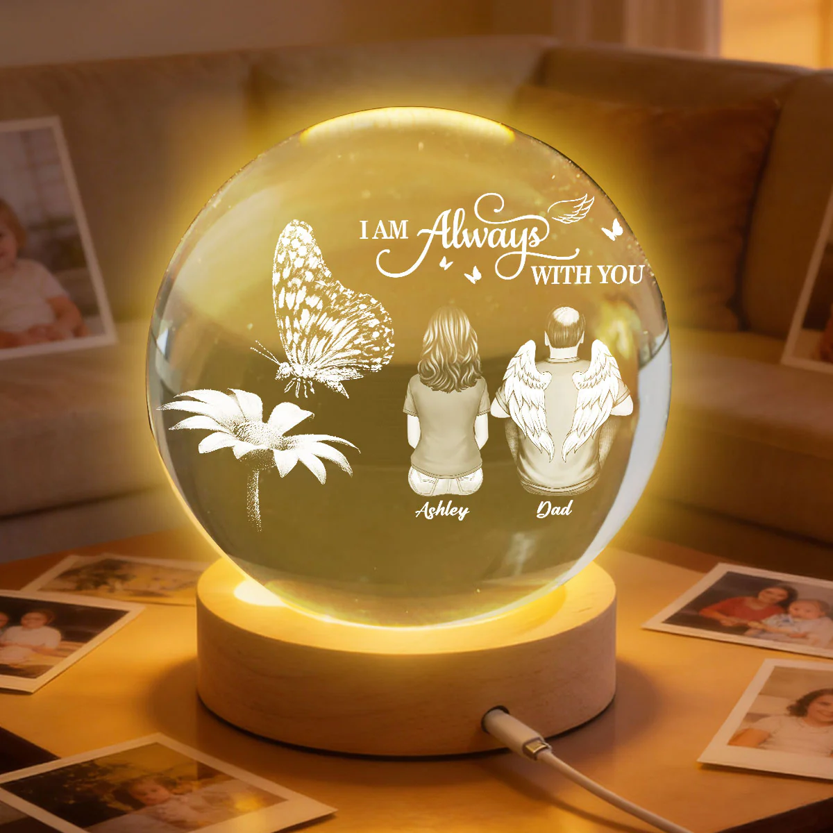 Always With You Family Back View Butterfly On Daisy - Personalized Crystal Ball LED Night Light - Memorial Remembrance Keepsake - Image 9