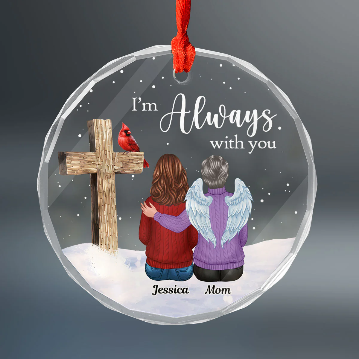 Always With You Family Cross Memorial Keepsake Personalized Glass Ornament - Image 2