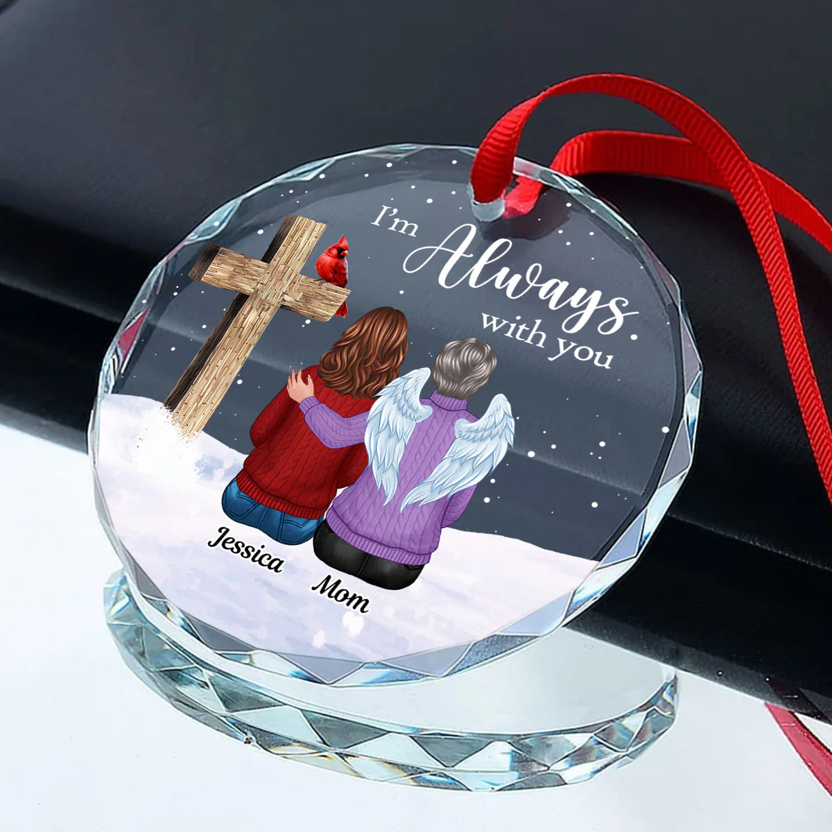 Always With You Family Cross Memorial Keepsake Personalized Glass Ornament - Image 3