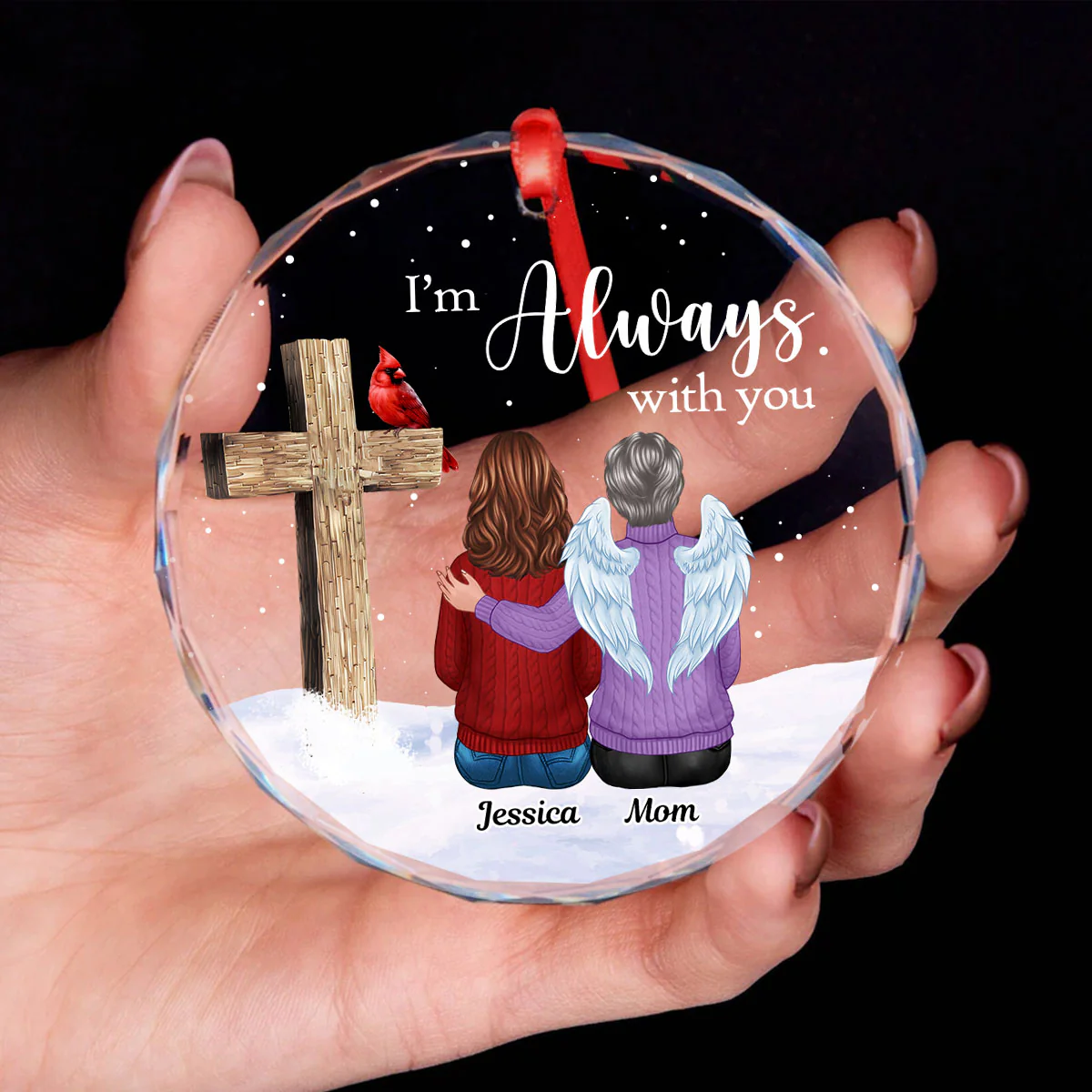 Always With You Family Cross Memorial Keepsake Personalized Glass Ornament - Image 4