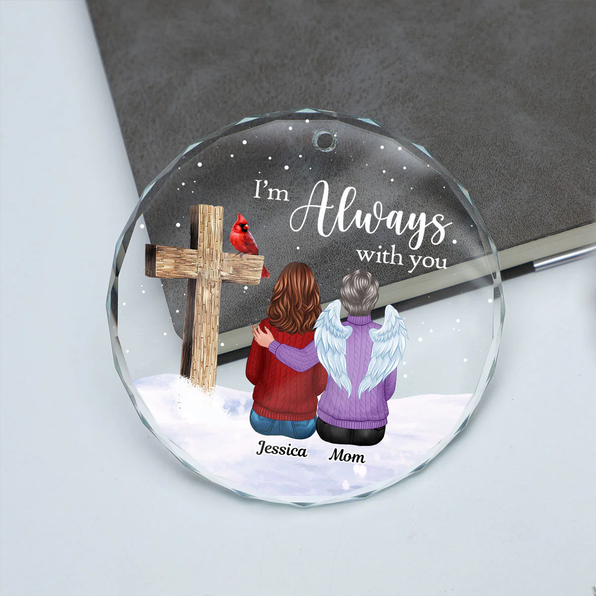 Always With You Family Cross Memorial Keepsake Personalized Glass Ornament - Image 5