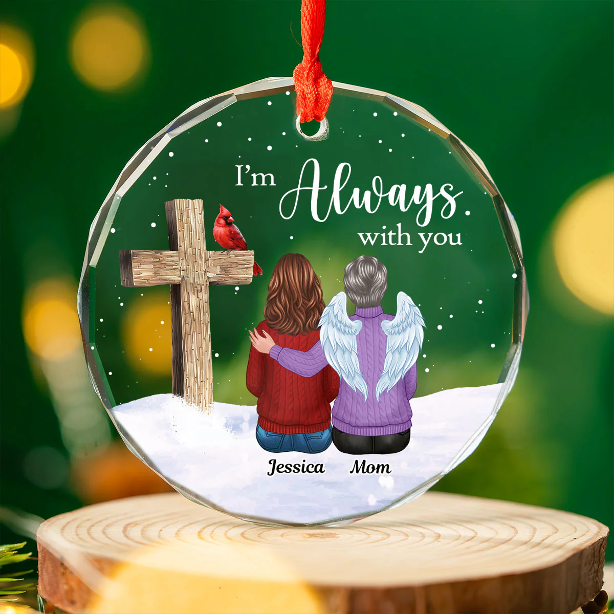 Always With You Family Cross Memorial Keepsake Personalized Glass Ornament - Image 6