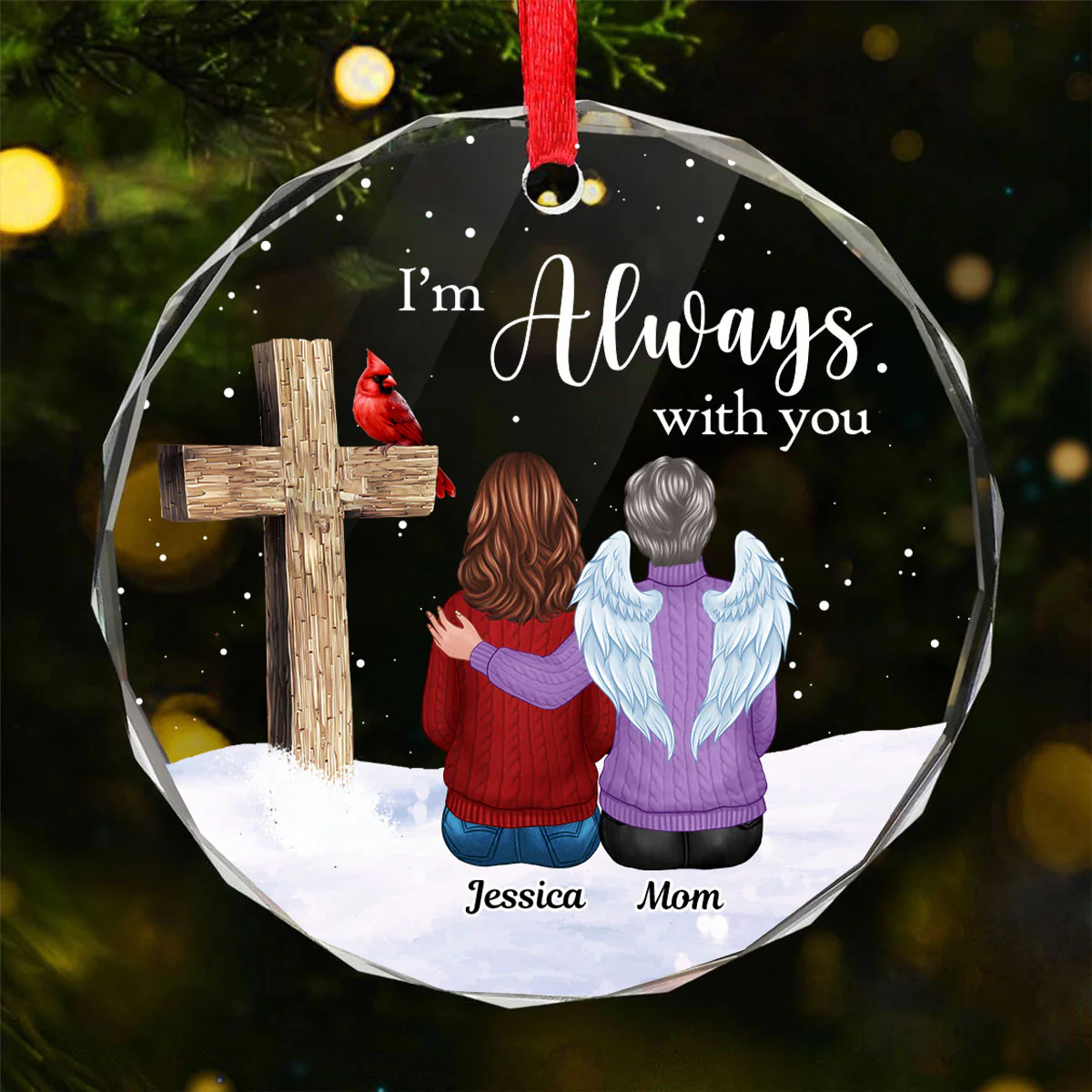 Always With You Family Cross Memorial Keepsake Personalized Glass Ornament - Image 7