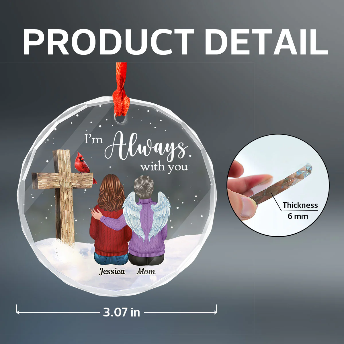 Always With You Family Cross Memorial Keepsake Personalized Glass Ornament - Image 8