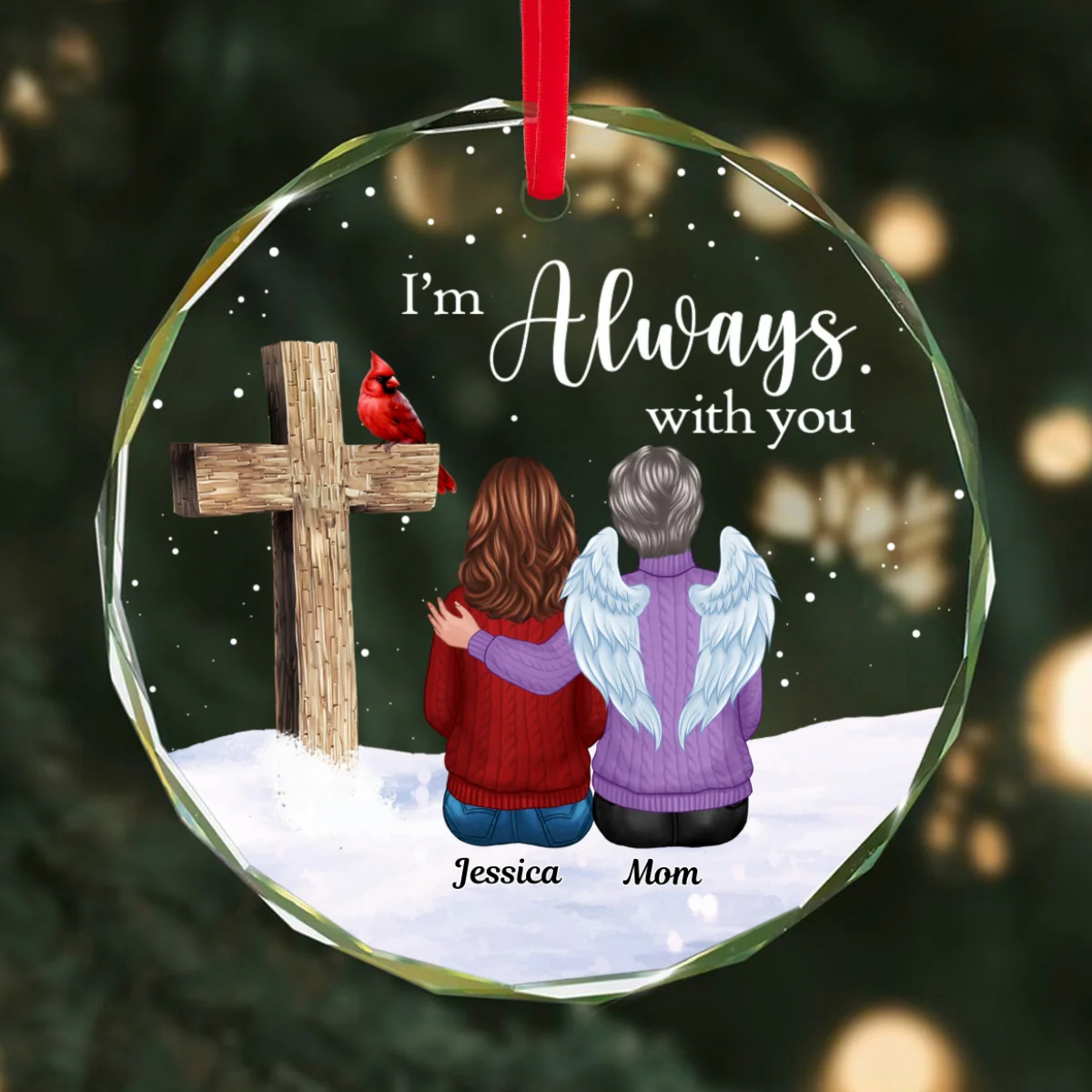 Always With You Family Cross Memorial Keepsake Personalized Glass Ornament - Image 9