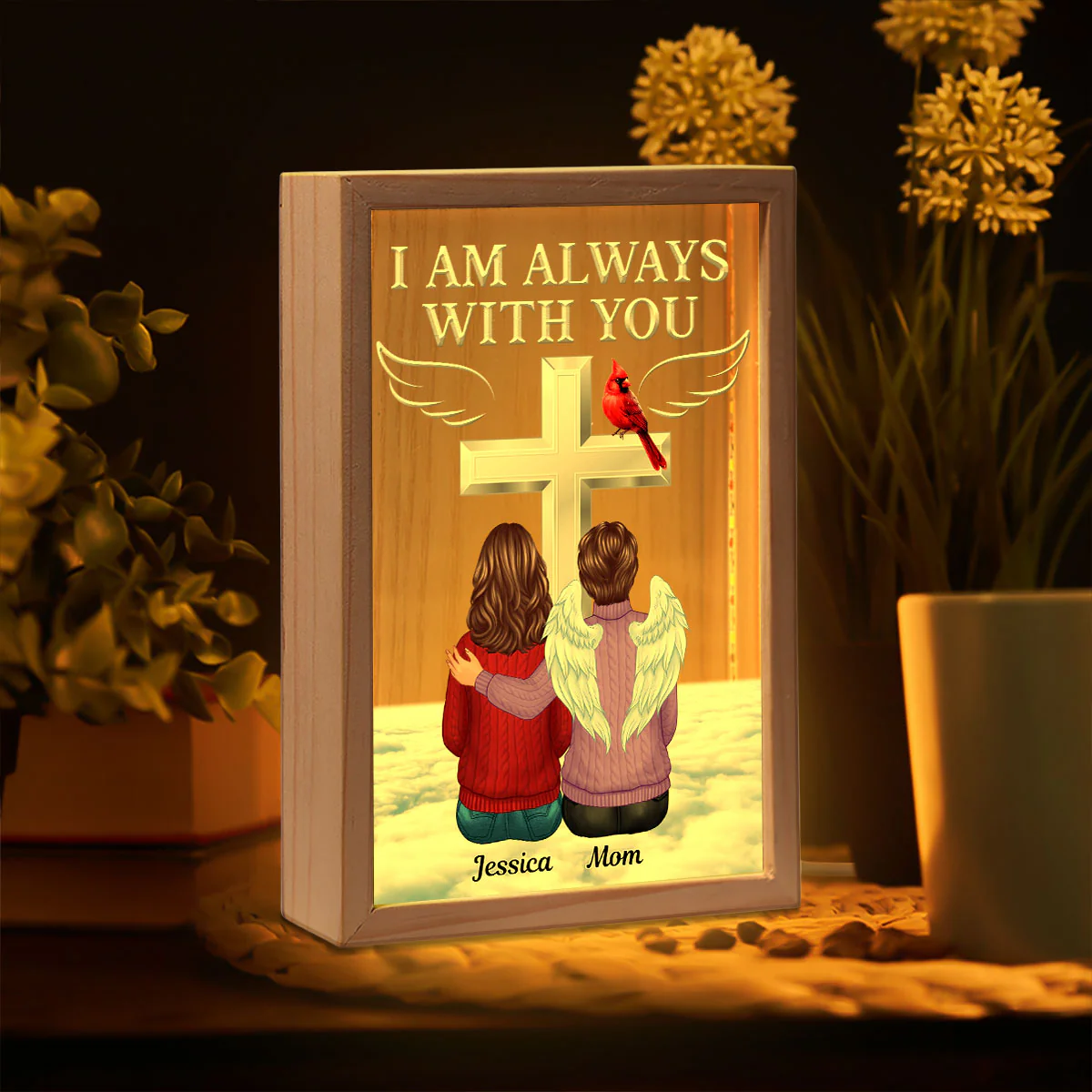 Always With You Family Memorial Cross Cardinal Personalized Frame Light Box - Image 3