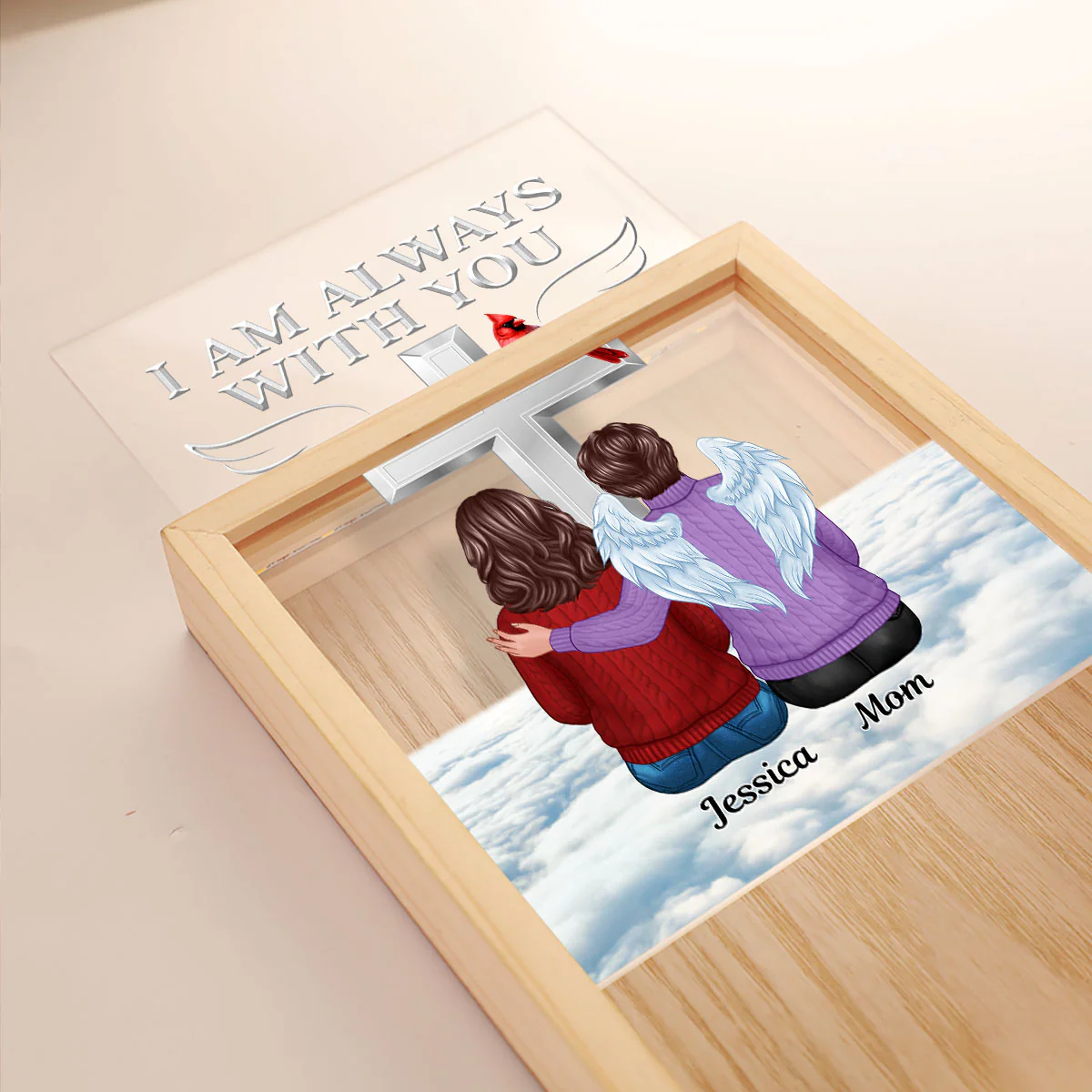 Always With You Family Memorial Cross Cardinal Personalized Frame Light Box - Image 4