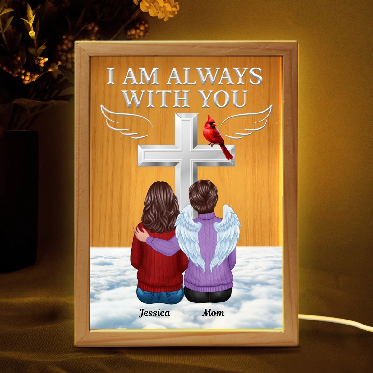 Always With You Family Memorial Cross Cardinal Personalized Frame Light Box - Image 8