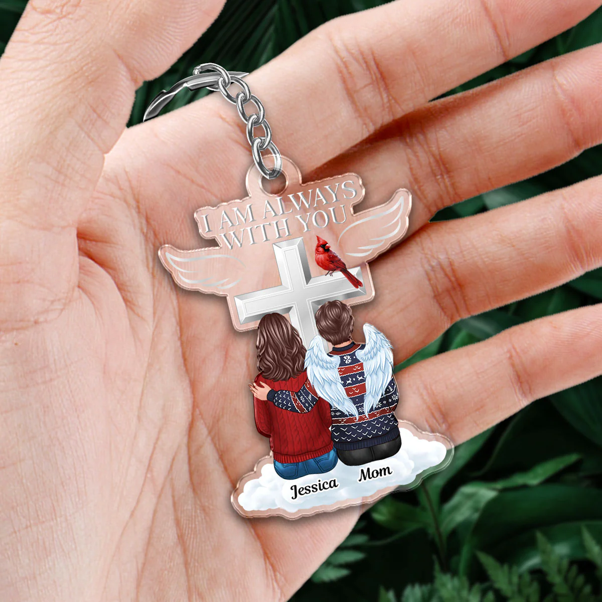 Always With You Family Memorial Keepsake Cardinal On Cross Personalized Acrylic Keychain - Image 2