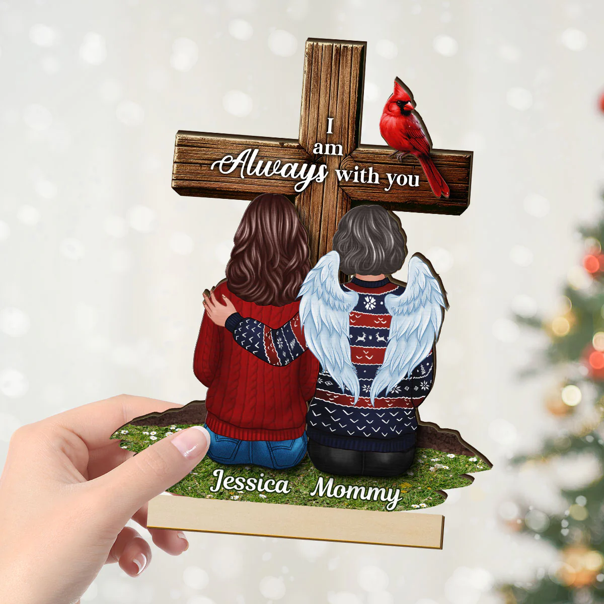 Always With You Family Memorial Remembrance Keepsake Cross Personalized 2-Layer Standing Wooden Plaque - Image 4