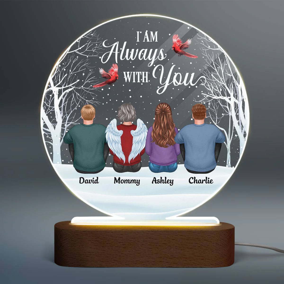 Always With You Family Memorial Snow Personalized Circle Acrylic Plaque LED Lamp Night Light - Image 2